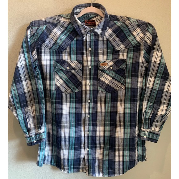 Five Brother Blue Teal Plaid Western Heavy Flannel Pearl Snap Shirt 2XL Tall - Picture 2 of 11